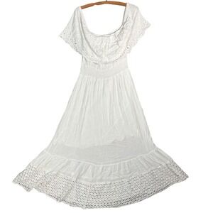 Naoo Peasant Maxi Dress Size M White Eyelet Off Shoulder Smocked Waist Boho